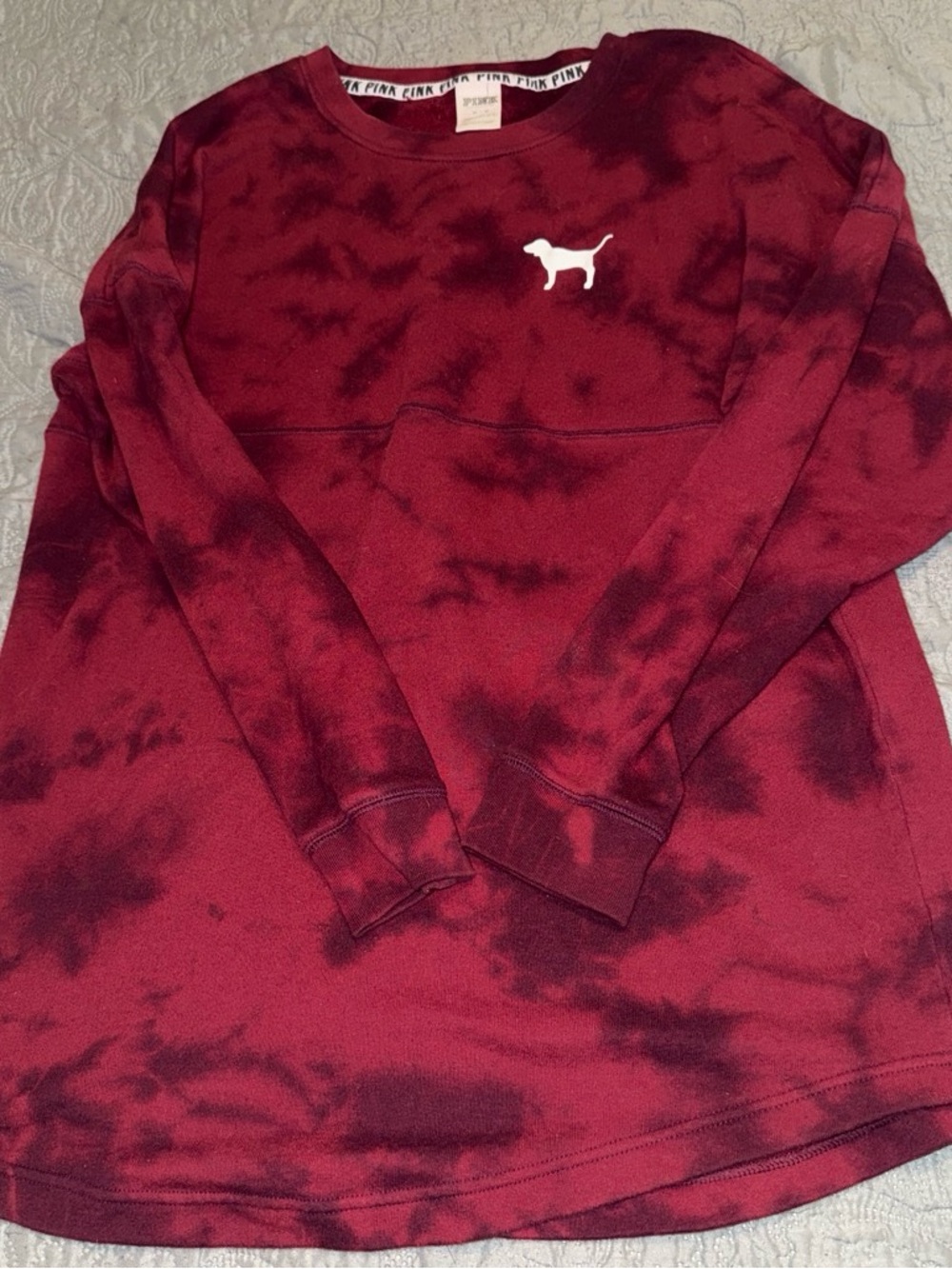 PINK Victoria's Secret Maroon Tie-Dye Crewneck with White Dog Logo